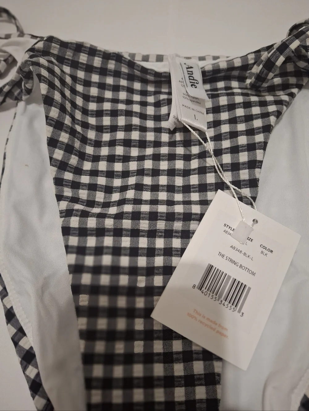 Andie Swim Gingham The String Bikini Bottom Black White Plaid Size L NWT